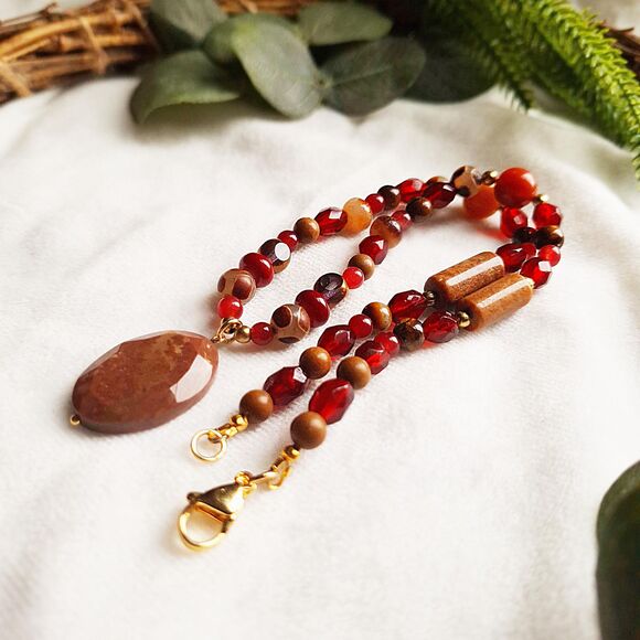 Brown Jasper & Red Jade Beaded Pendant Necklace - 24k Gold Plated Stainless - Picture 9 of 16
